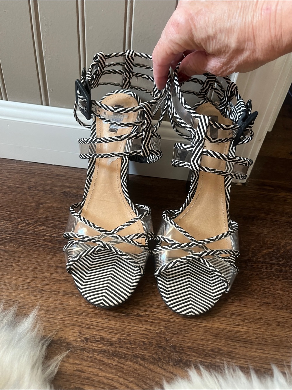SHUTZ Black and White Striped Women’s Strappy Heeled Sandals